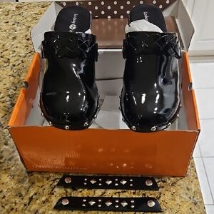 Lindsay Phillips Black Patent Mules with Stud Accents